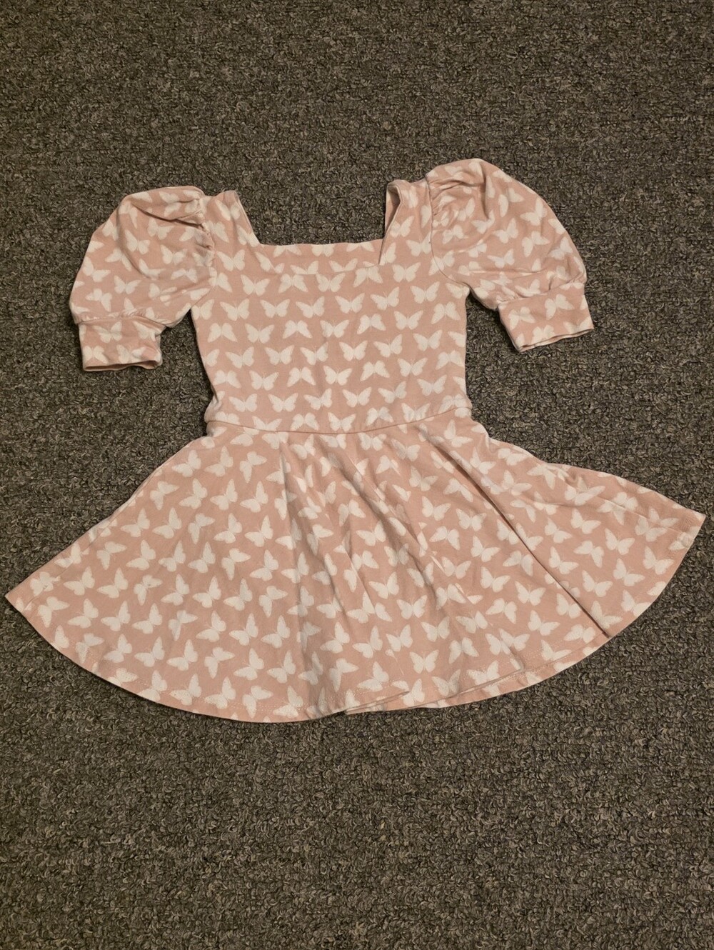Girls Pink Butterfly Puff-Sleeve Casual Dress